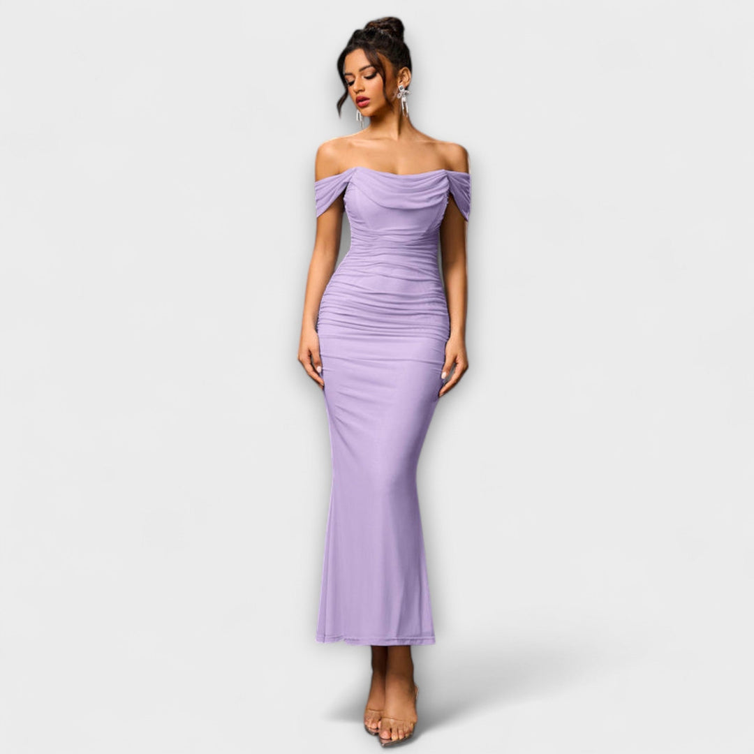 Ione - Šaty Bodycon s odhalenými rameny a řasením